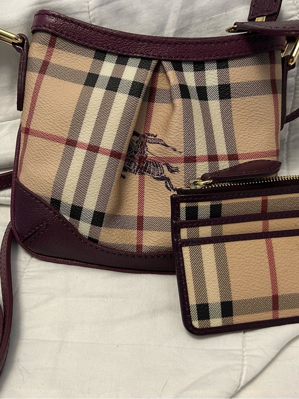 Burberry Beige Plaid Mini Crossbody with Burgundy Trim